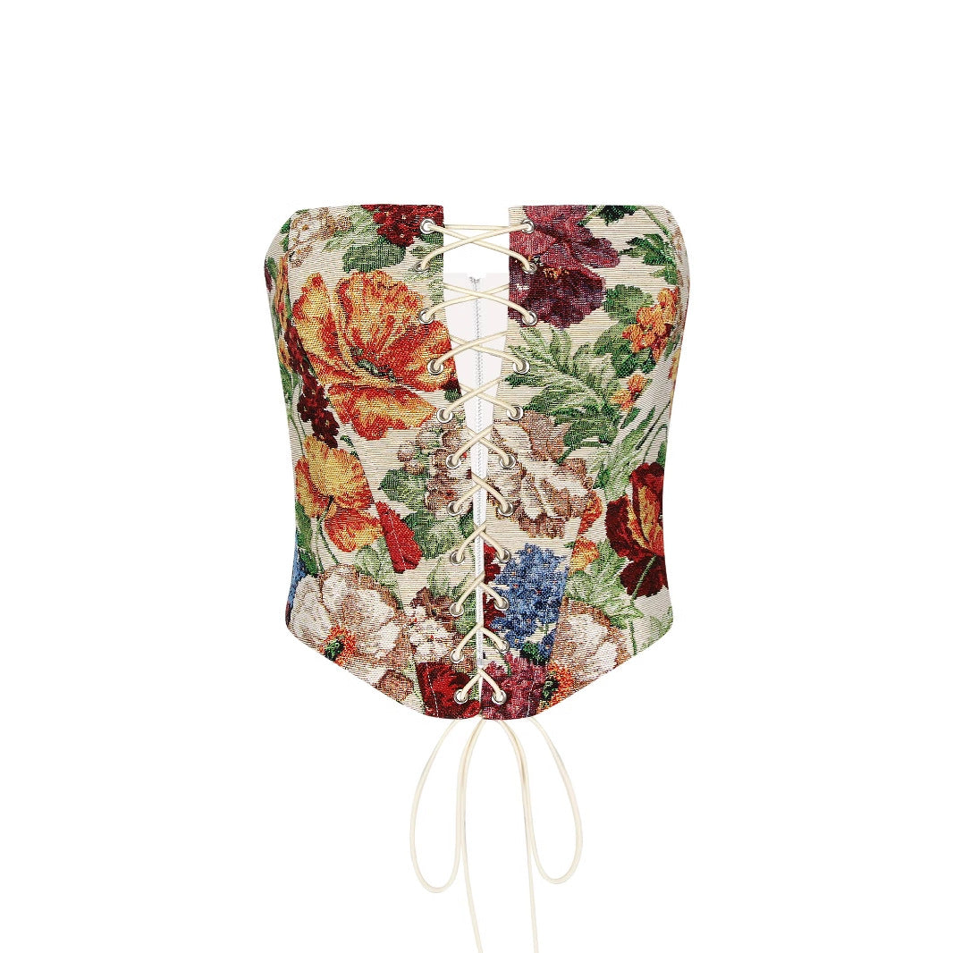Sexy Tube Top Victorian Floral  Corset with Boning Lace Up Detail
