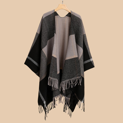 Plaid Double-Sided Plaid Shawl w/ Fringe Trim