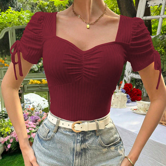 Square Neck Knit Wine Red with Puff Short  Sleeve
