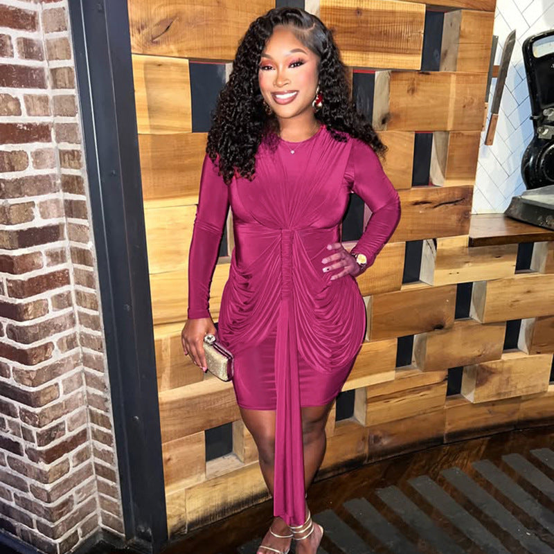 Long Sleeve Short Shirring  Tied Short Dress In Magenta or Black