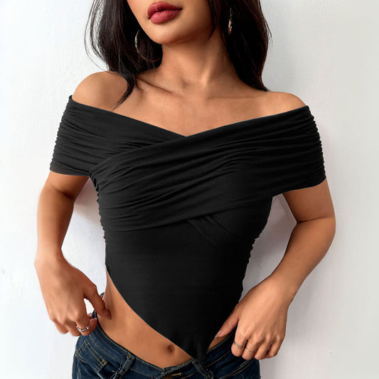 Woman Sexy Design V Neck Short Off Shoulder Top