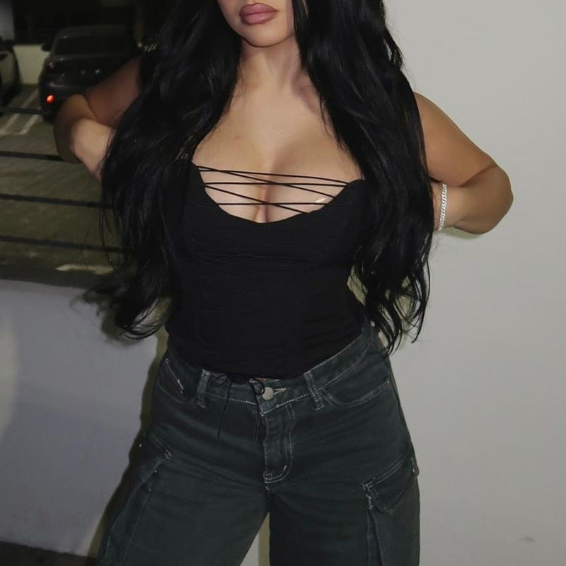 Black  V neck Cross Hollow Out Cutout out Strap Sexy Tube Top