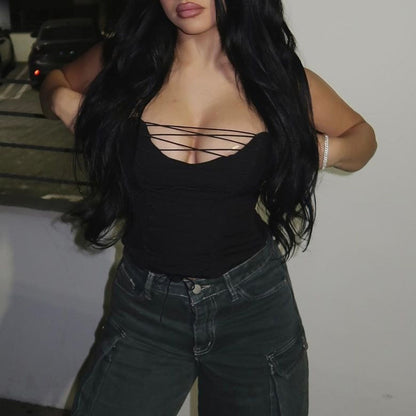 Black  V neck Cross Hollow Out Cutout out Strap Sexy Tube Top