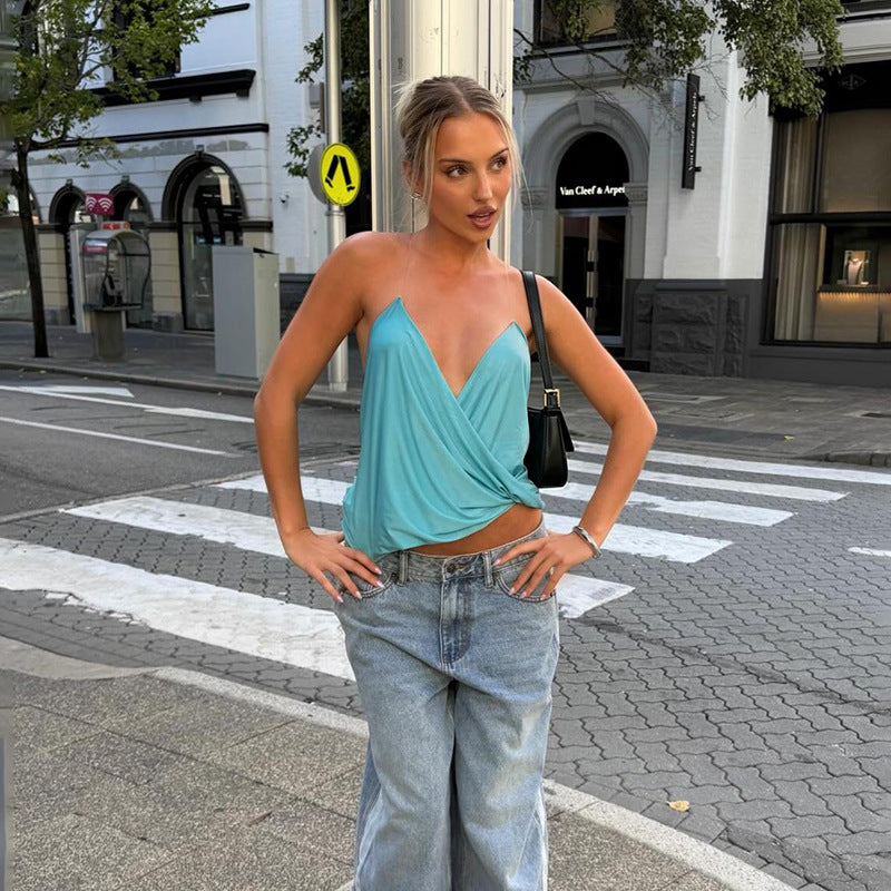 Sky Blue V Neck T-Back Detail  Sleeveless top Y2K