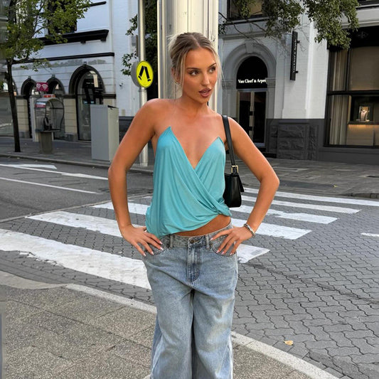 Sky Blue V Neck T-Back Detail  Sleeveless top Y2K