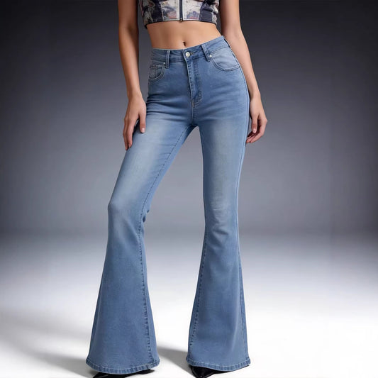High Waisted Bell Bottom Denim Jeans Light Wash