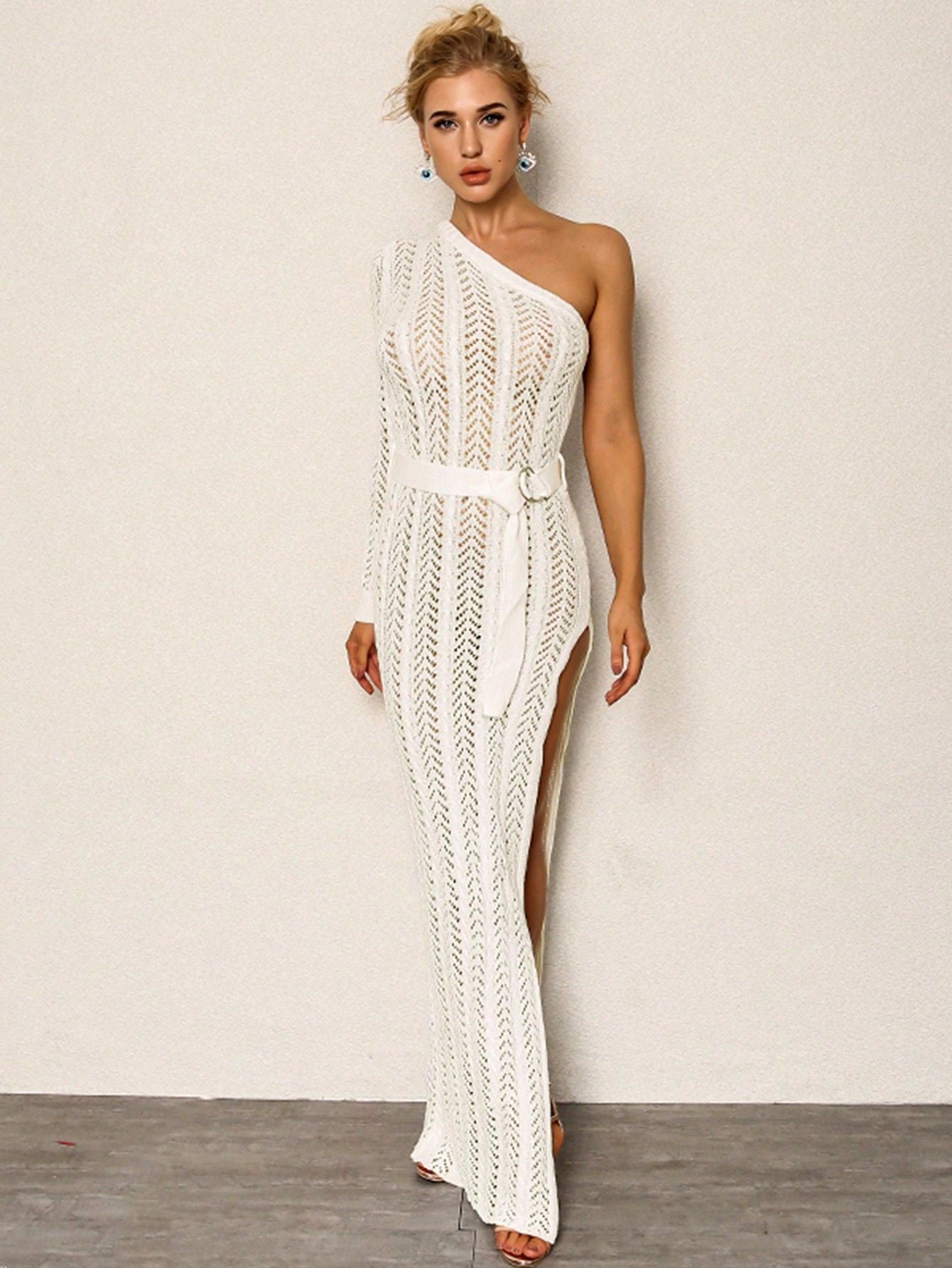 Sexy White Pointelle  Cutout One Shoulder Long Sweater Dress w/ High Slit
