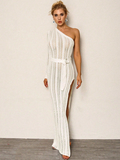 Sexy White Pointelle  Cutout One Shoulder Long Sweater Dress w/ High Slit