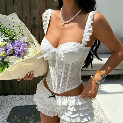 White Eyelet  Sexy Boning Corset with ruffle Detail Sleeve