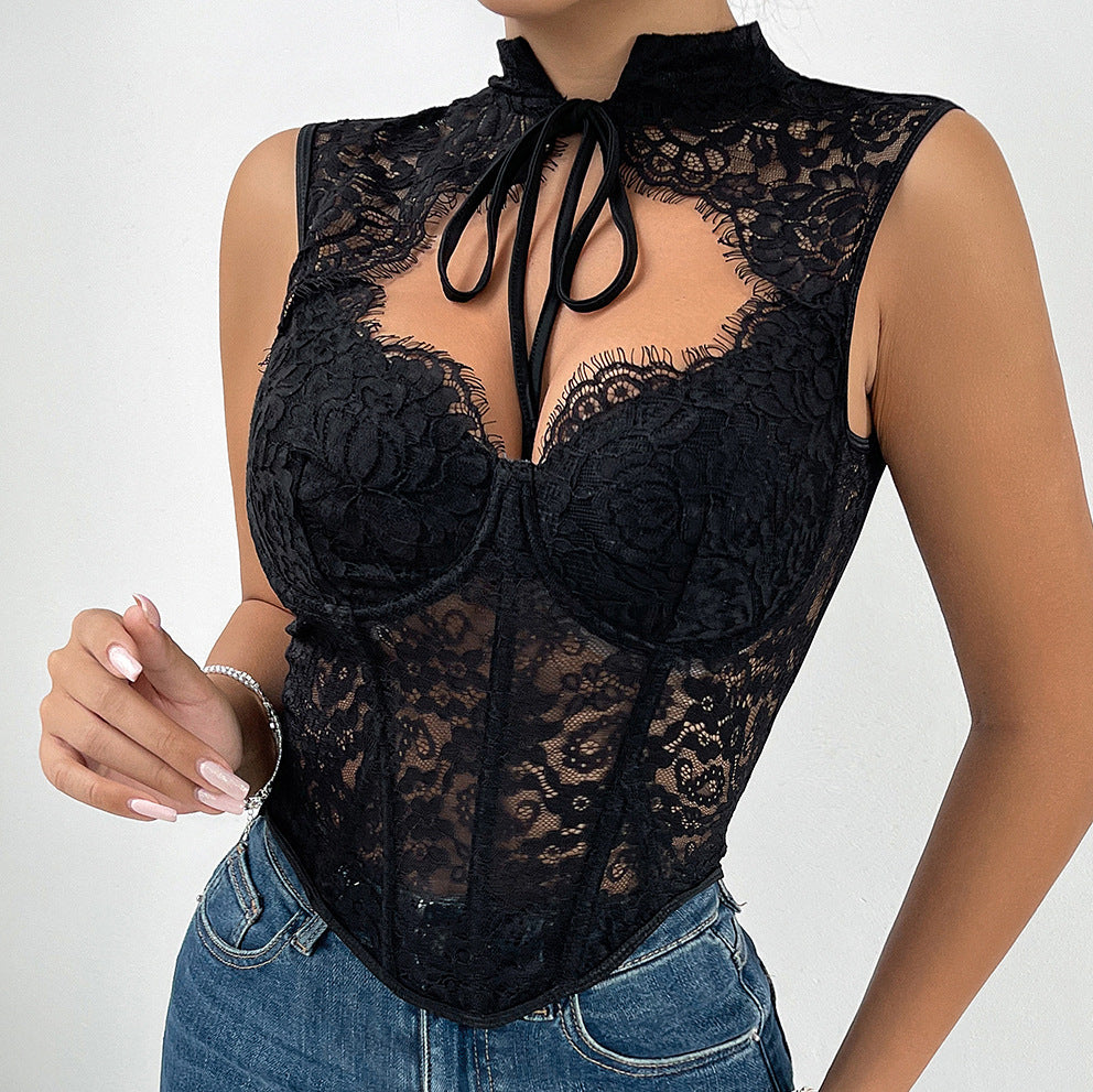 Sexy Lace Sweetheart Neck  Mesh Boning Corset w/ Front ribbon detail