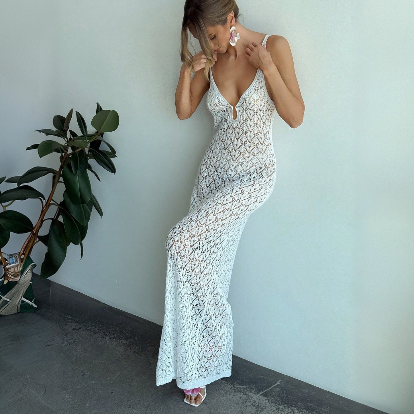 Sexy Cutout White Crochet Beach Maxi  Dress