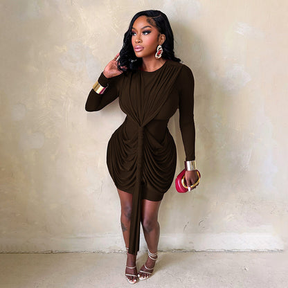 Long Sleeve Short Shirring  Tied Short Dress In Magenta or Black