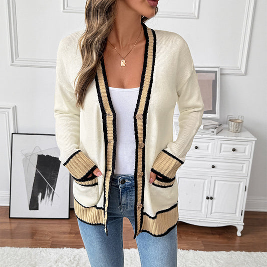 Loose V Collar Contrast Color Sweater Cardigan