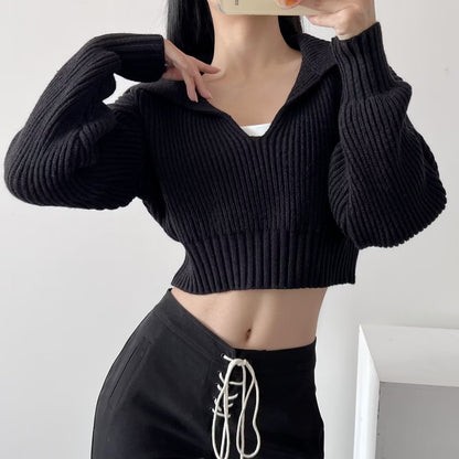 Spring Autumn Four-Color Loose Large Collared All Matching Sweater Women Loose Cropped Sweater Internet Celebrity Sweater Top