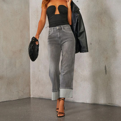 Ladies High Waist Gray Zipper Pocket Jeans w/ Wide Cuff