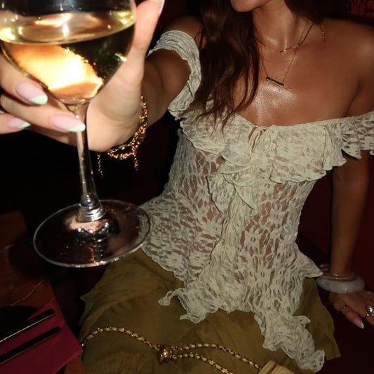 Lace Off White Flounce  up Off the Shoulder Top Y2K