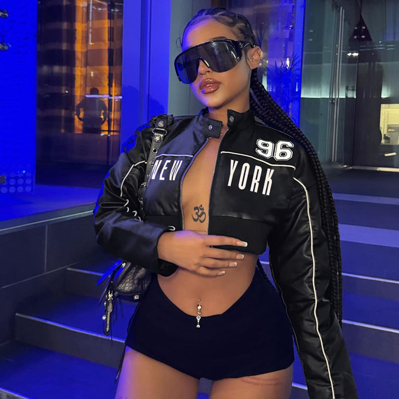 Pleather Vegan Leather Contrast Color Bud Stripe Numbers Cropped New York