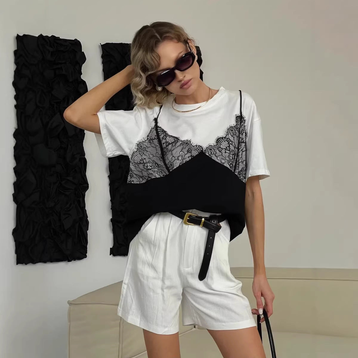 Sexy Women Lace Cami Over T -Shirt