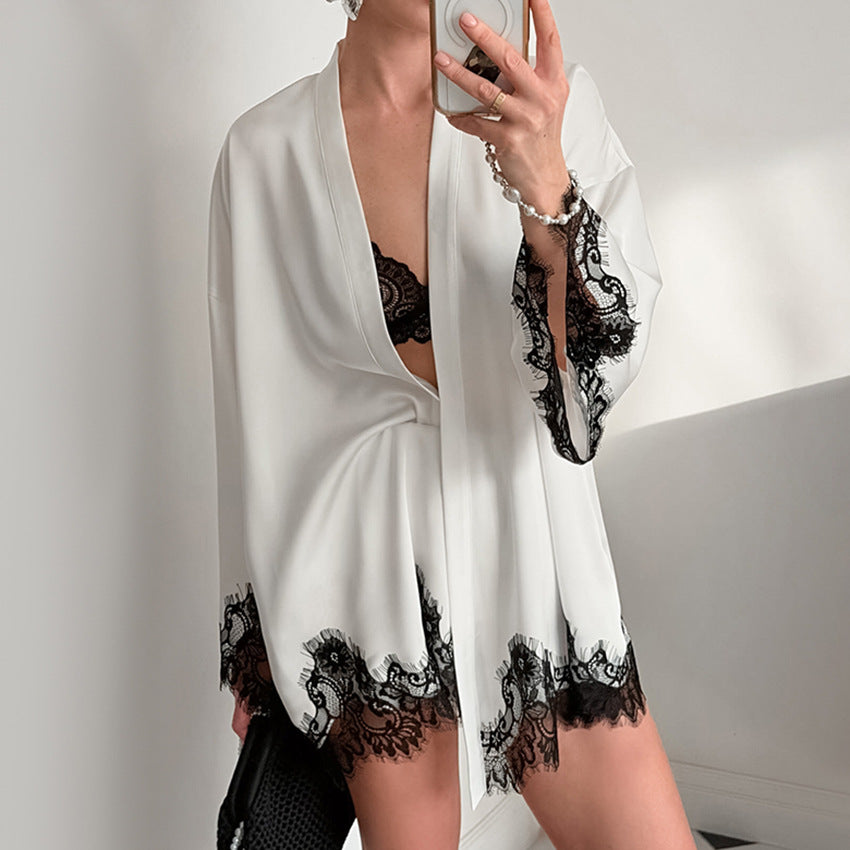 Sexy White Satin Robe w/ Black Eyelash Trim & matching short