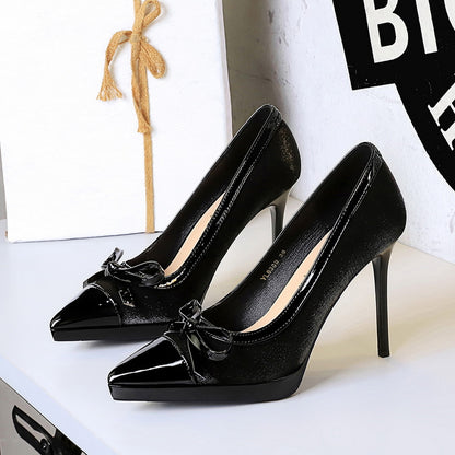 Stitching Pointed Toe Cocktail High Heel Platform Bow Sexy Shoes