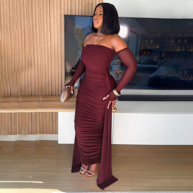 Ladies Off the Shoulder Long Sleeve Shirred Long Fitted Dress with Sash