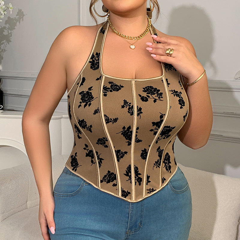 Plus Size Women Sexy Brown Vintage Printed Halter Spaghetti Straps Top Sexy Vest