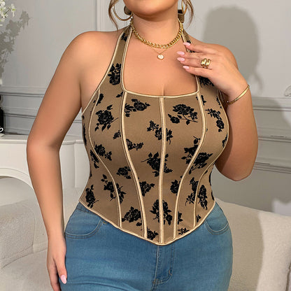 Plus Size Women Sexy Brown Vintage Printed Halter Spaghetti Straps Top Sexy Vest