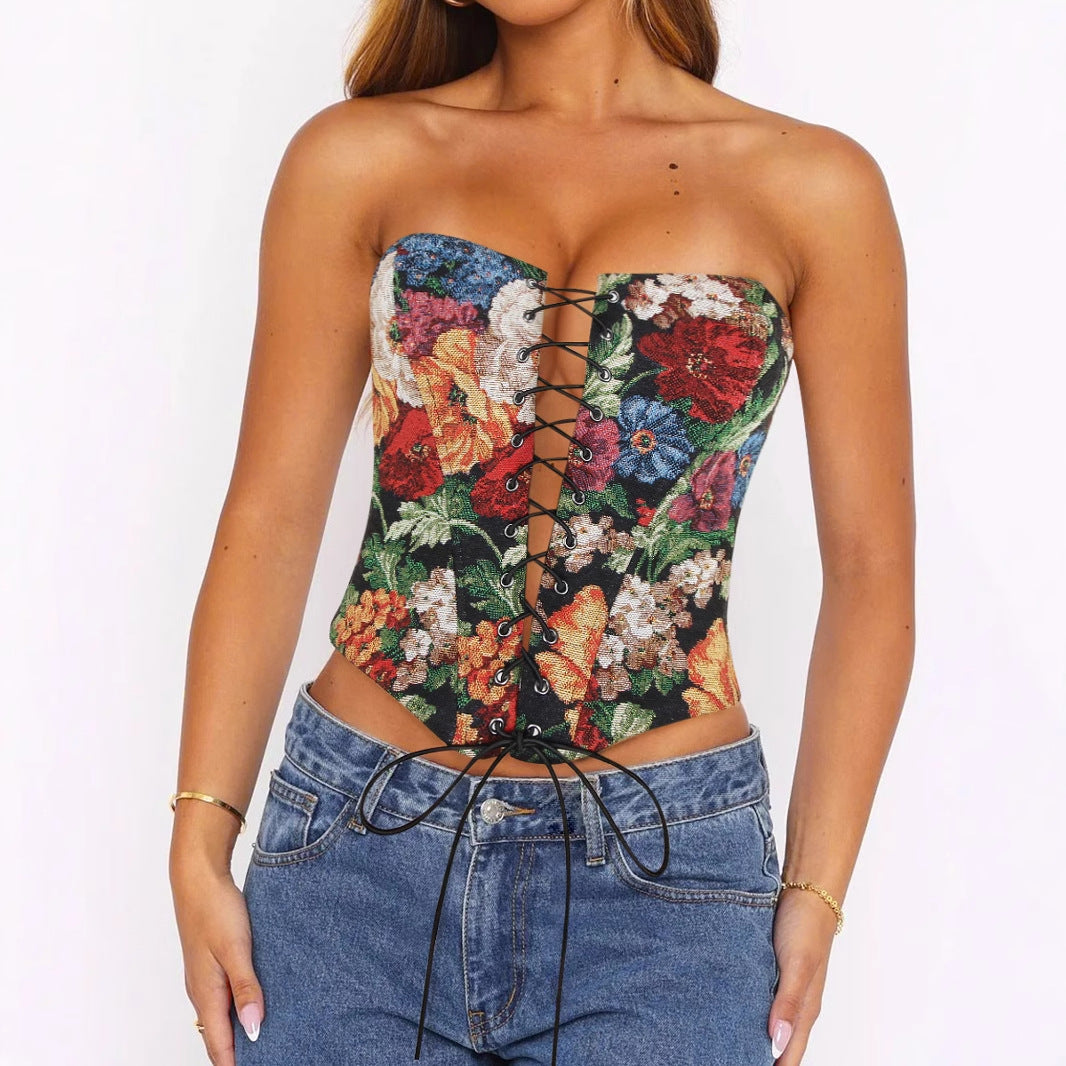 Sexy Tube Top Victorian Floral  Corset with Boning Lace Up Detail
