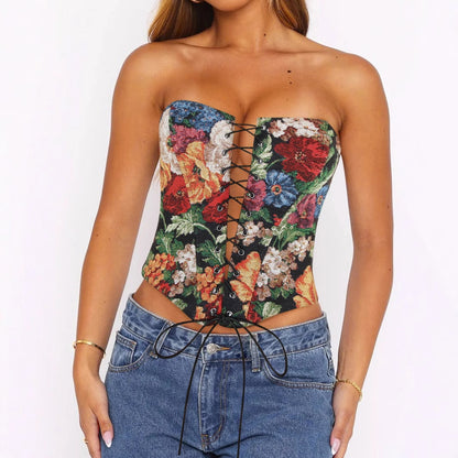 Sexy Tube Top Victorian Floral  Corset with Boning Lace Up Detail