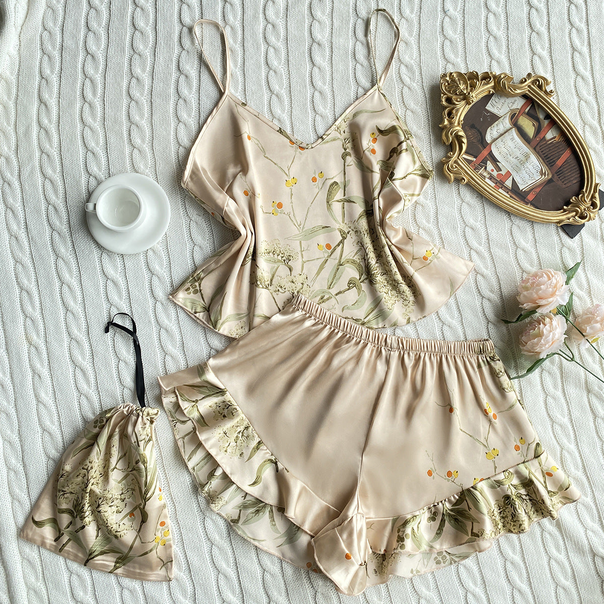 Silk Pajamas leaf Printed Short / Cami Set with ruffle hem