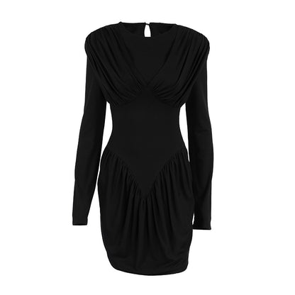 Long Sleeve  Short Mini Dress with Front Draping Detail  LBD Y2K