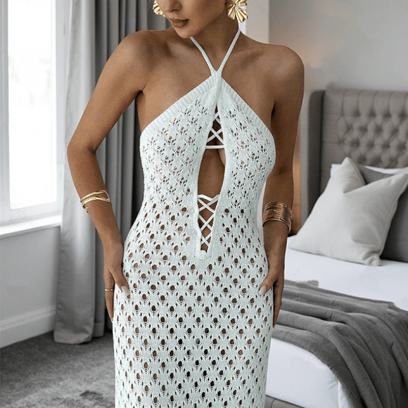White Crochet  Out Cutout  Backless Lace up Dress