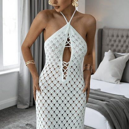 White Crochet  Out Cutout  Backless Lace up Dress