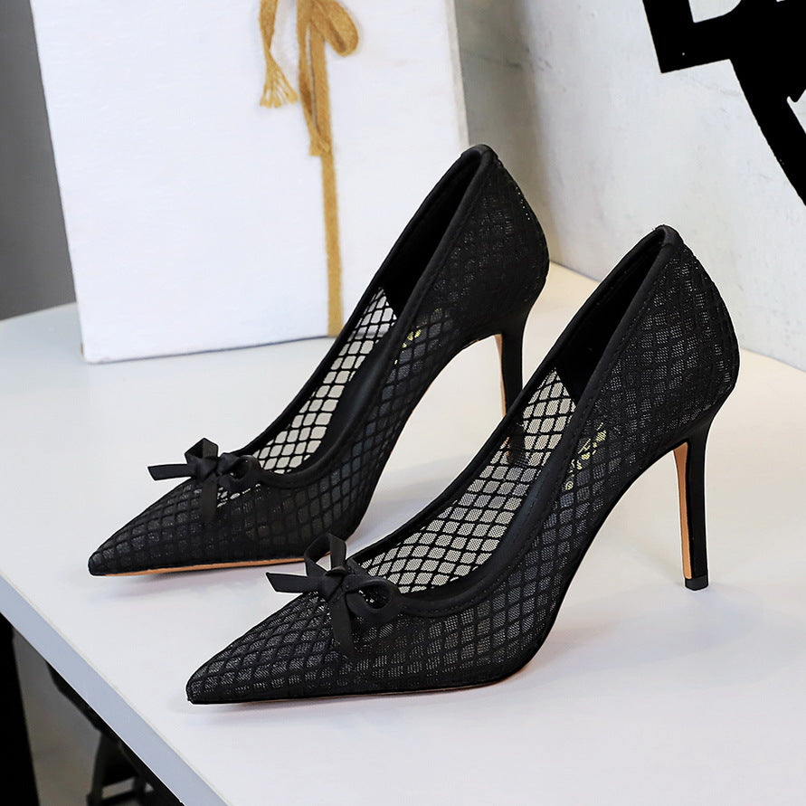 Bow Pointed Shallow Mouth Mesh Lace Stiletto