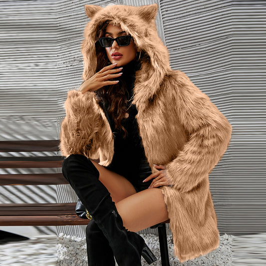 Faux Fur Hooded Ears Mid Length Coat Top Women