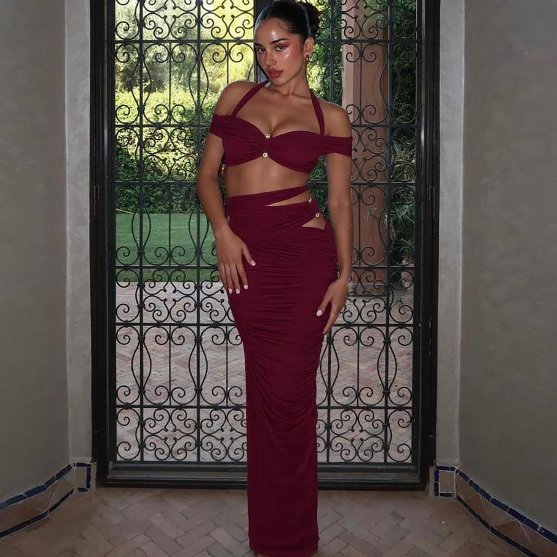 Sexy Halter off the Shoulder Tie Dye like 2 piece set with Sexy Skirt gold Hardwear