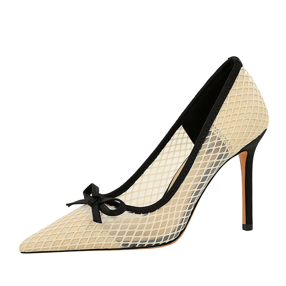 Bow Pointed Shallow Mouth Mesh Lace Stiletto