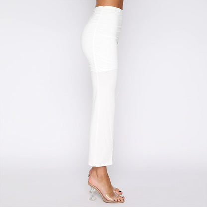 Sexy  Knit  Asymmetric High Slit Skirt in Blk or White with Shirring on Side
