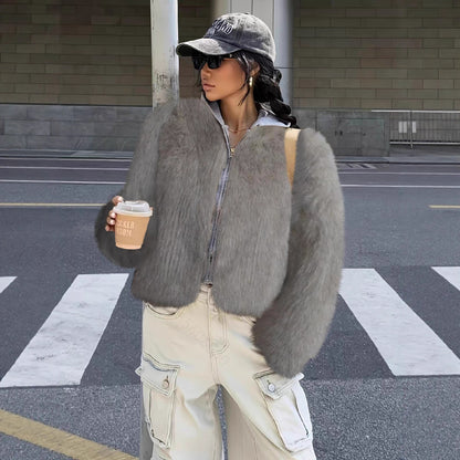 Brown Faux Fur Light Luxury  Coat