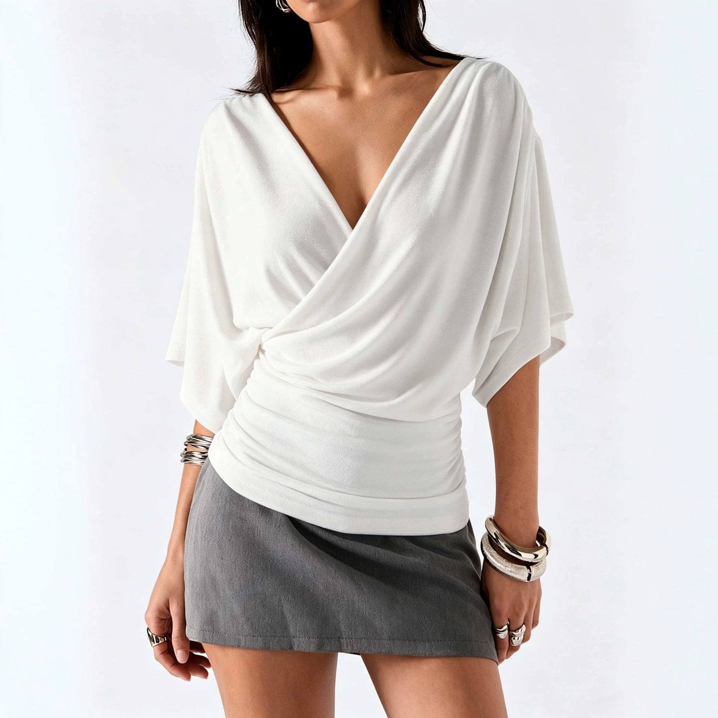 White  Deep V neck Batwing Sleeve Top with Shirring on Sides
