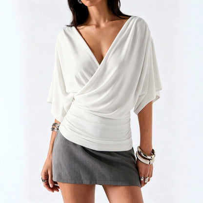 White  Deep V neck Batwing Sleeve Top with Shirring on Sides