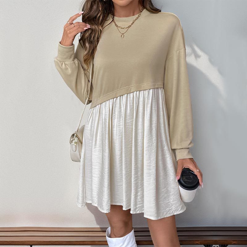 Casual Long Sleeve Dress Autumn Winter round Neck Contrast Color Sweatshirt Splicing