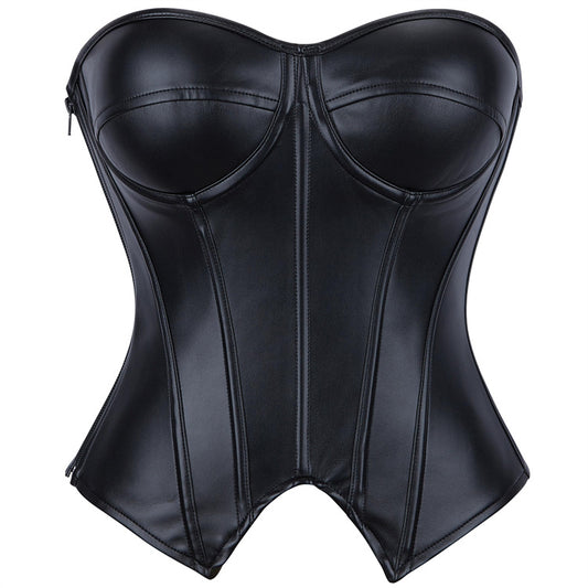Black Faux Vegan Pleather Corset Y2K Barbarella w Faux Boning