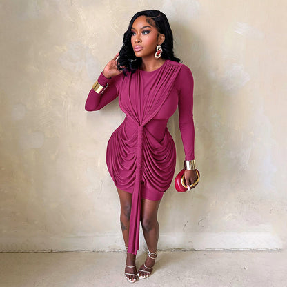 Long Sleeve Short Shirring  Tied Short Dress In Magenta or Black