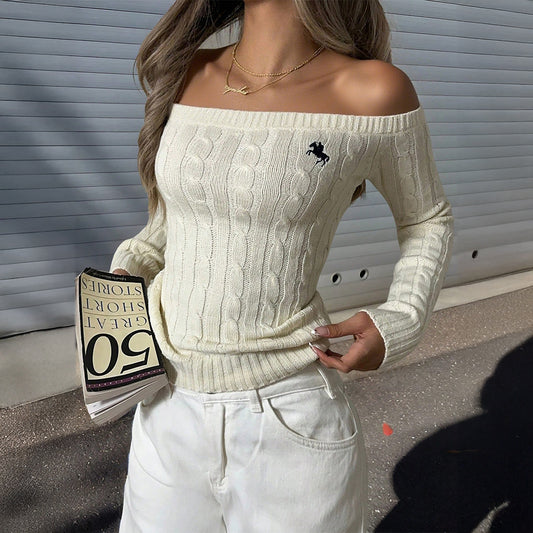 Off the Shoulder Long Sleeve Sweater Woolen