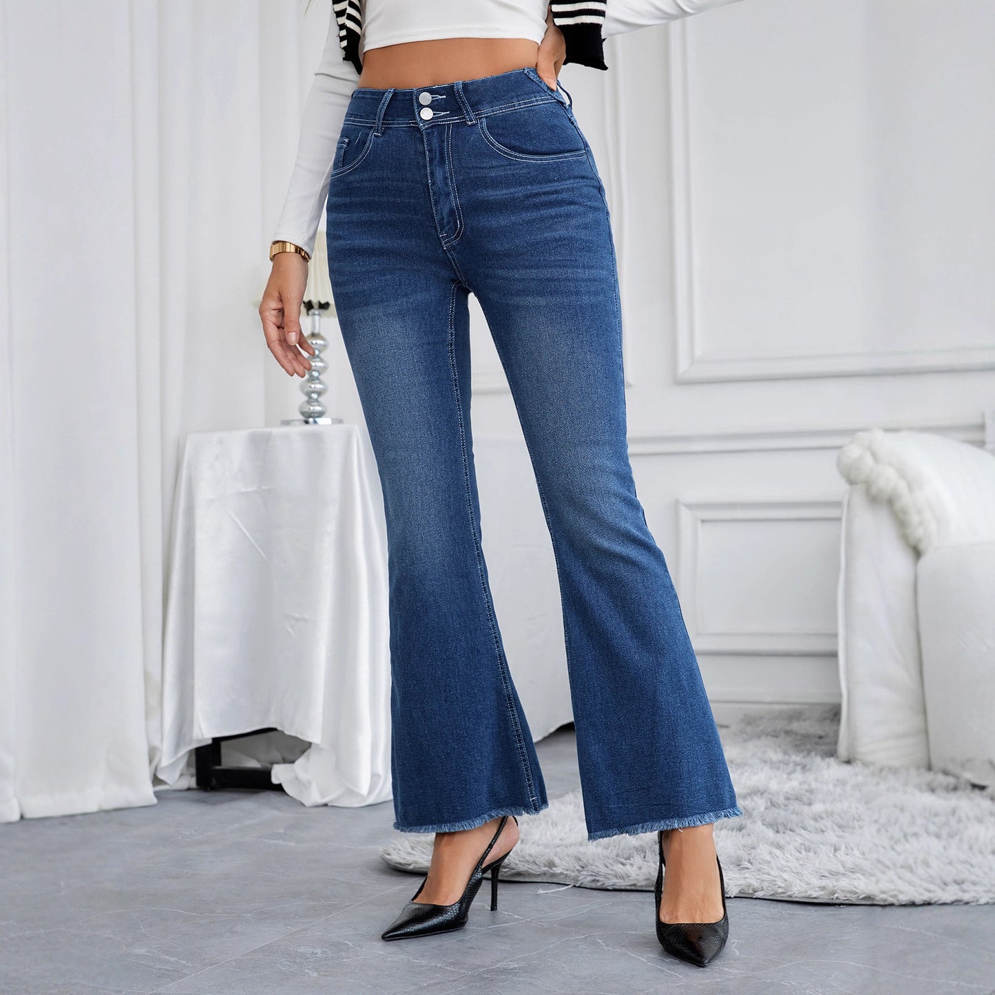 High Waist Jeans Bell Bottom Raw Edge Denim Trouser Like