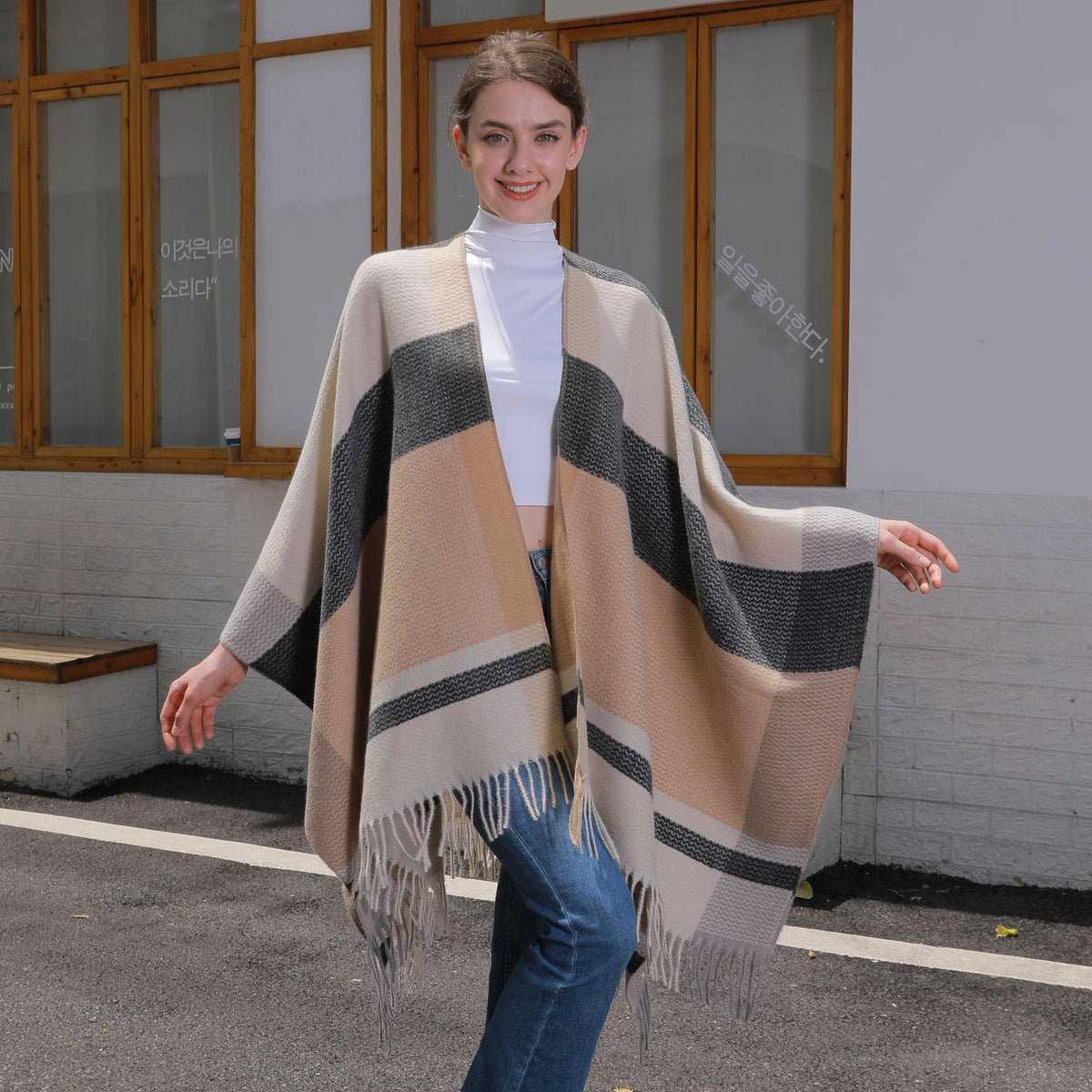 Tassel Split Shawl Autumn Winter Women's Simple Plaid Jacquard Scarf Cloak