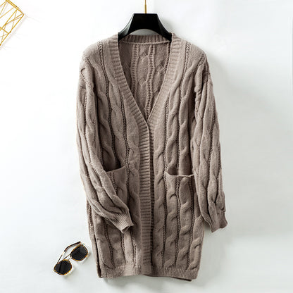 Twist Knit Cardigan for Women  Retro Loose Mid Length Sweater