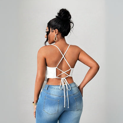 Plus Size Sexy Sling Hankie Hem   Backless Spaghetti Strap  Top
