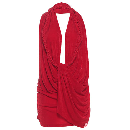 Sexy Deep V  Halter Backless Hip Red Dress